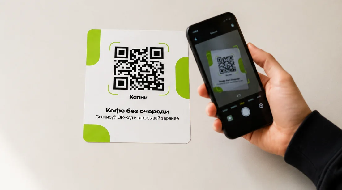Гость наводит телефон на QR-наклейку Хапни на столике: «Кофе без очереди, сканируй QR-код и заказывай заранее»